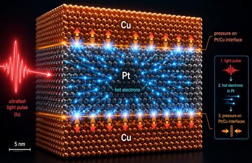 An ultrashort light pulse excites a Pt/Cu metallic multilayer. The deposited energy becomes concentrated in hot electrons in the Pt layer, generating pressure at the Pt/Cu interface. | Photo: Created using AI and edited by the University of Potsdam